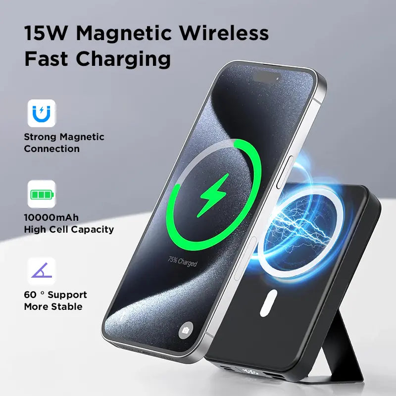 Elevate Your Charging Experience with the 10000mAh Magnetic Power Bank - Wireless Portable Charger for iPhone 12-16 Series with USB-C Cable and LED Display - Compact and Stylish Design in Black