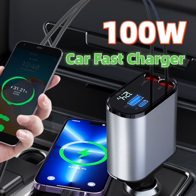 Ultra-Fast 100W Metal Car Charger - Dual USB & TYPE-C Adapter for Lightning Speed Charging