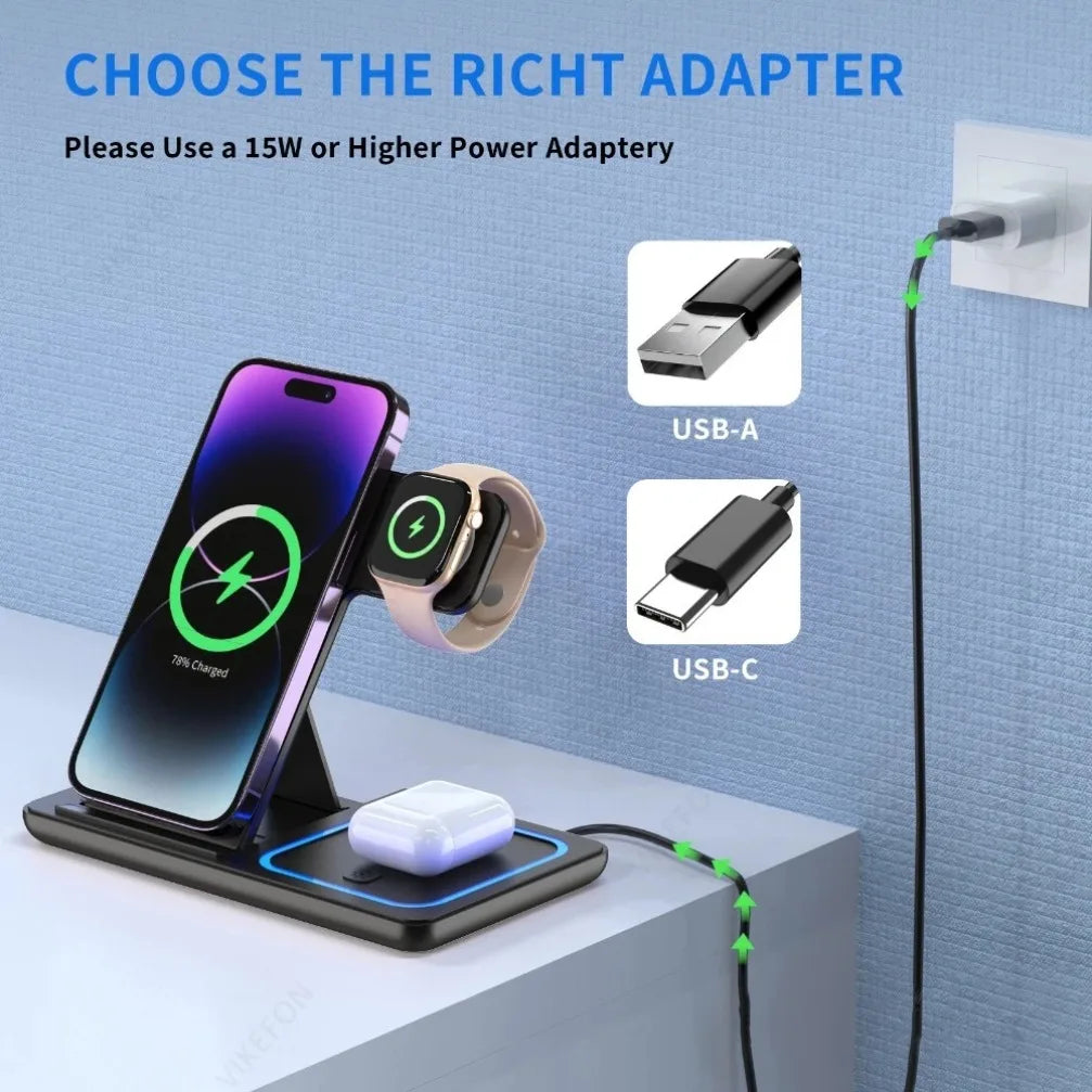Ultimate 3-in-1 Foldable Wireless Charging Station for iPhone 17/16/15/14/13/12 Pro Max, iWatch, and AirPods Pro - Fast Charging Dock with LED Light
