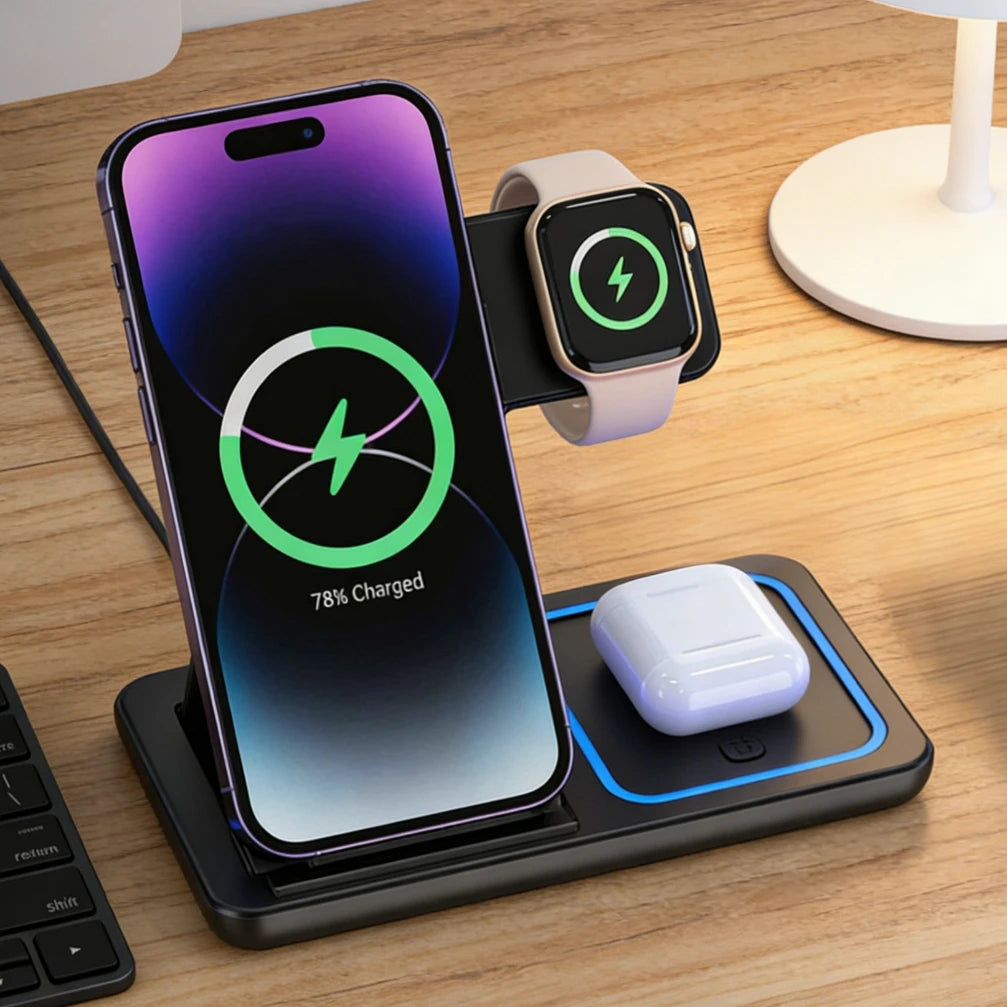 Ultimate 3-in-1 Foldable Wireless Charging Station for iPhone 17/16/15/14/13/12 Pro Max, iWatch, and AirPods Pro - Fast Charging Dock with LED Light