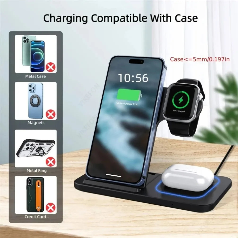 Ultimate 3-in-1 Foldable Wireless Charging Station for iPhone 17/16/15/14/13/12 Pro Max, iWatch, and AirPods Pro - Fast Charging Dock with LED Light