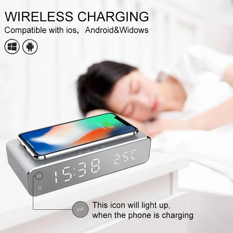 Wireless Charging Alarm Clock with Built-in Thermometer | Black & Silver