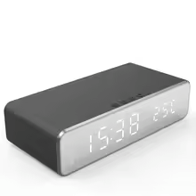 Wireless Charging Alarm Clock with Built-in Thermometer | Black & Silver