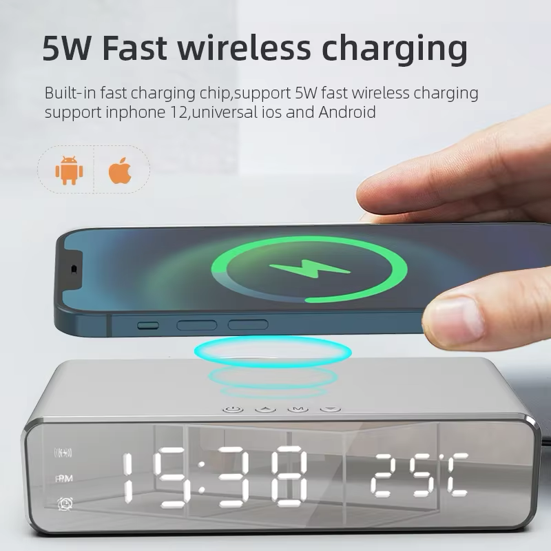 Wireless Charging Alarm Clock with Built-in Thermometer | Black & Silver