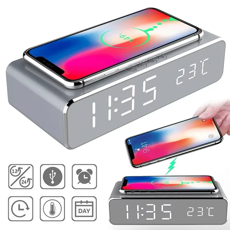 Wireless Charging Alarm Clock with Built-in Thermometer | Black & Silver
