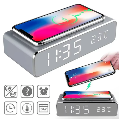 Wireless Charging Alarm Clock with Built-in Thermometer | Black & Silver
