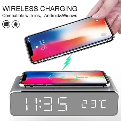 Wireless Charging Alarm Clock with Built-in Thermometer | Black & Silver