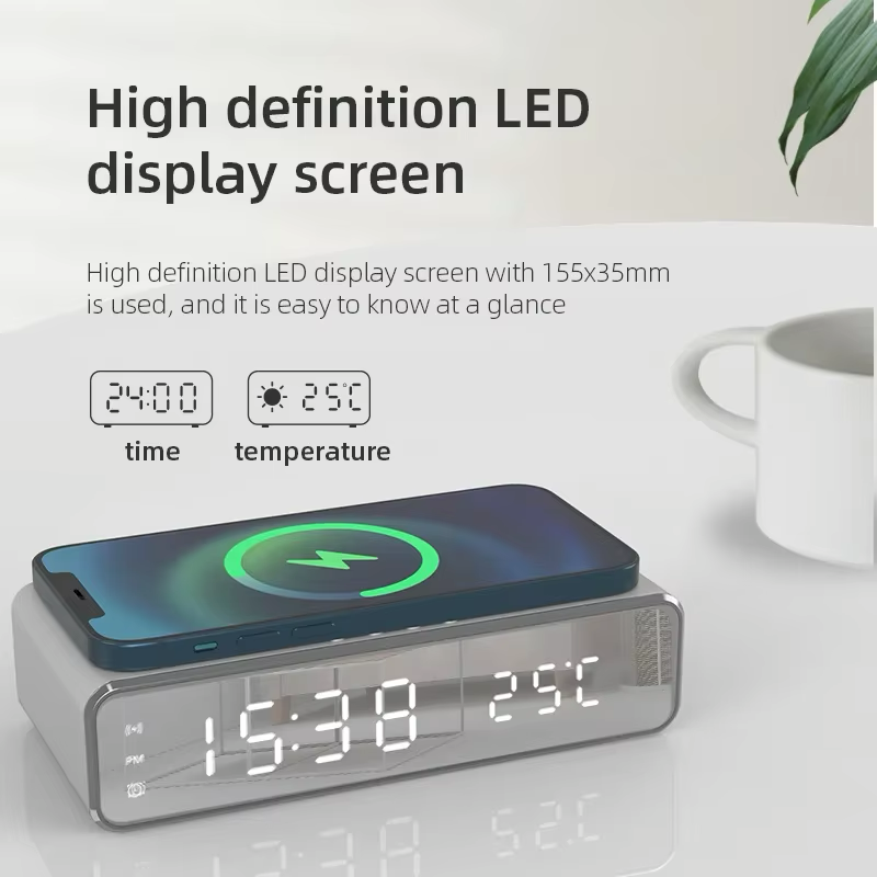 Wireless Charging Alarm Clock with Built-in Thermometer | Black & Silver