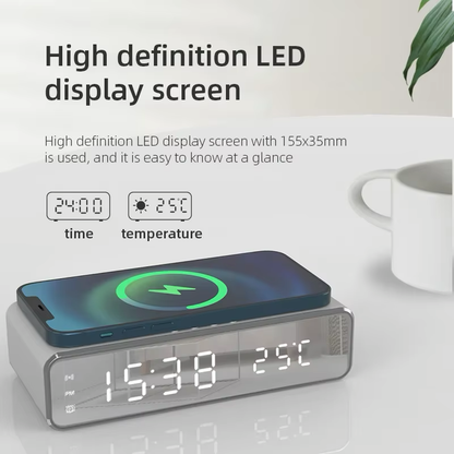 Wireless Charging Alarm Clock with Built-in Thermometer | Black & Silver